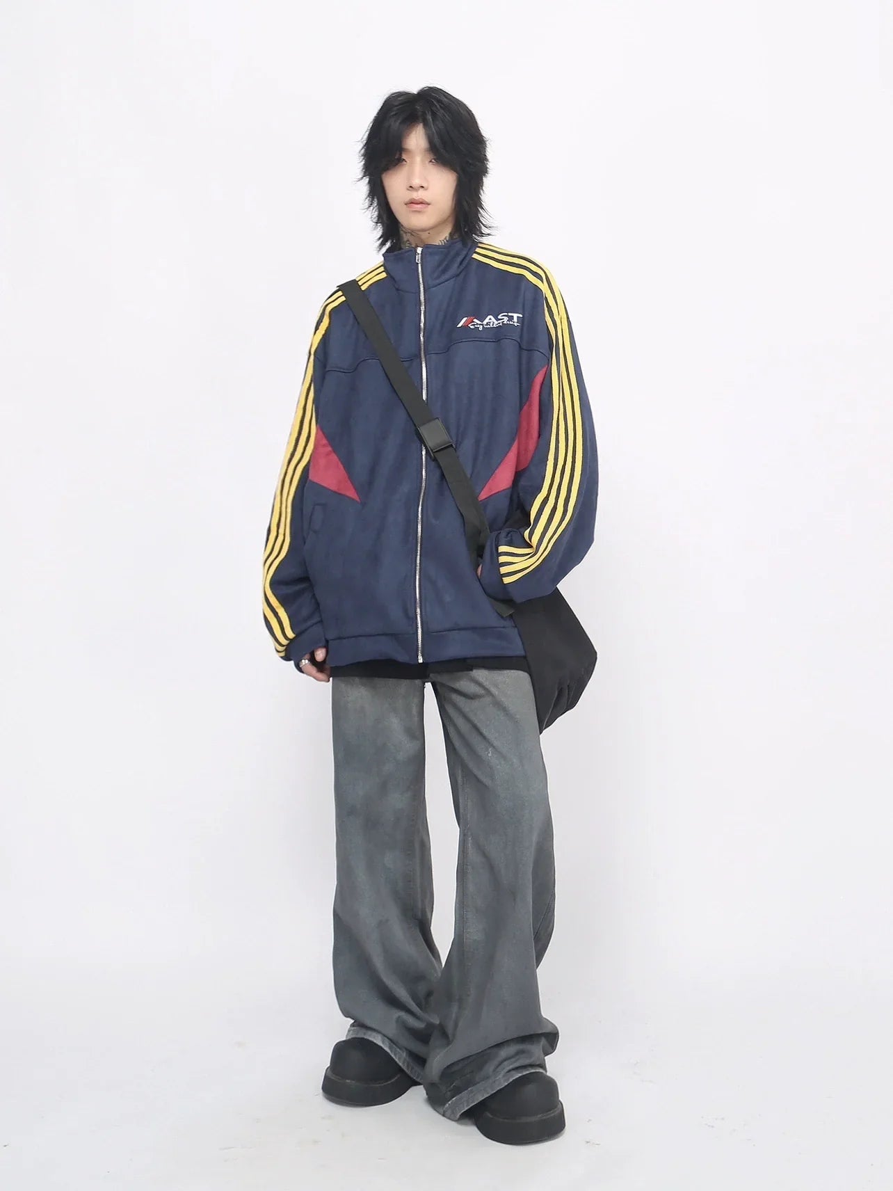 Striped Stand Neck Oversize Suede Truck Jacket
