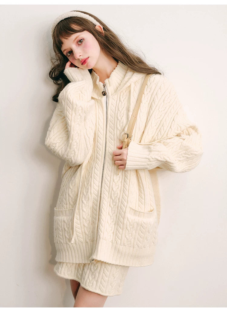 Bunny Hare Ear Hooded Zipper Knit Cardigan & Knit Skirt Setup