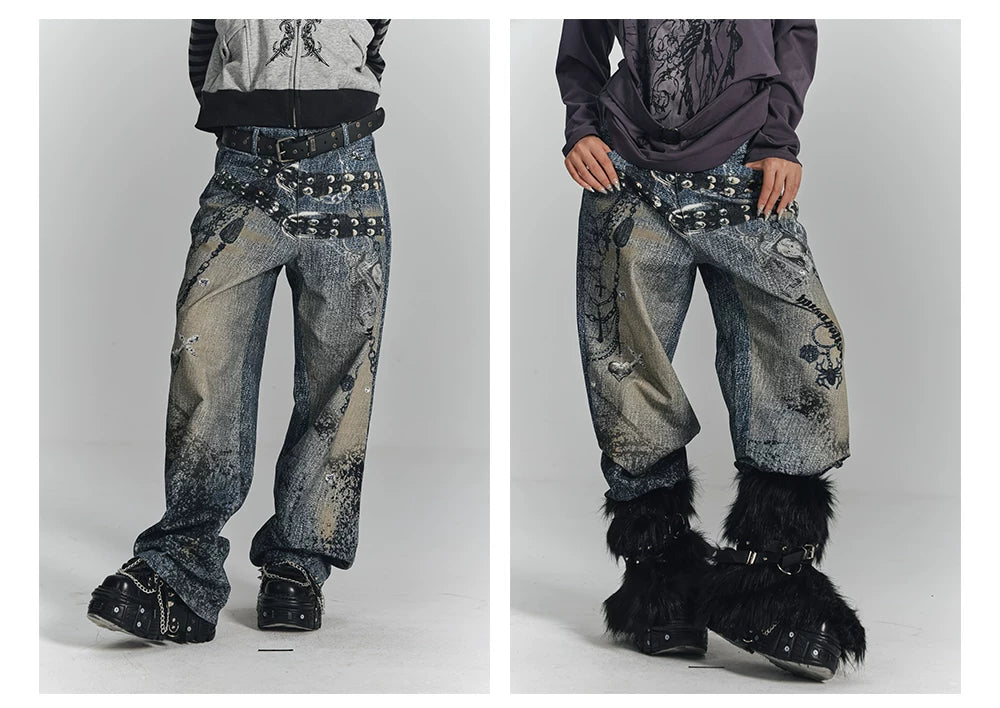 Chain Design Wide Leg Straight Denim Jeans