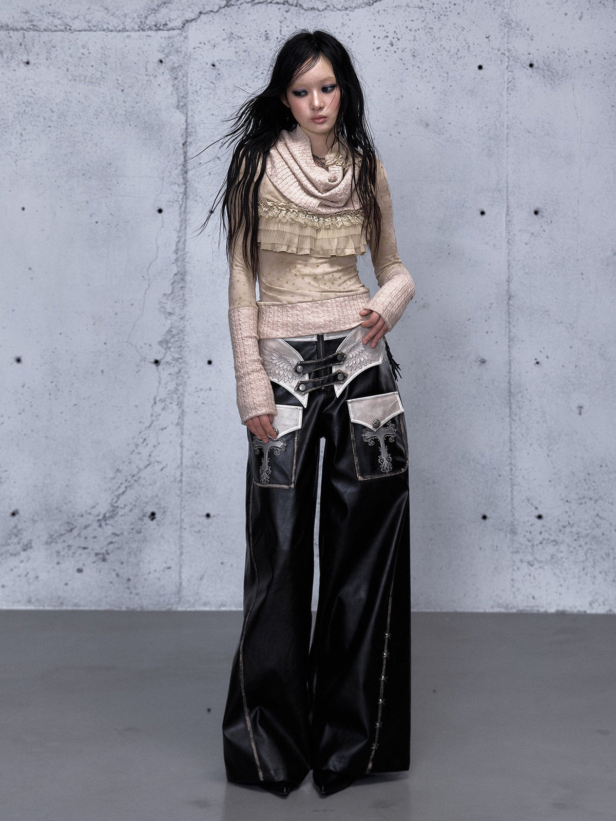 Lace Panel Buckle Detail Wide Leg PU Leather Pants