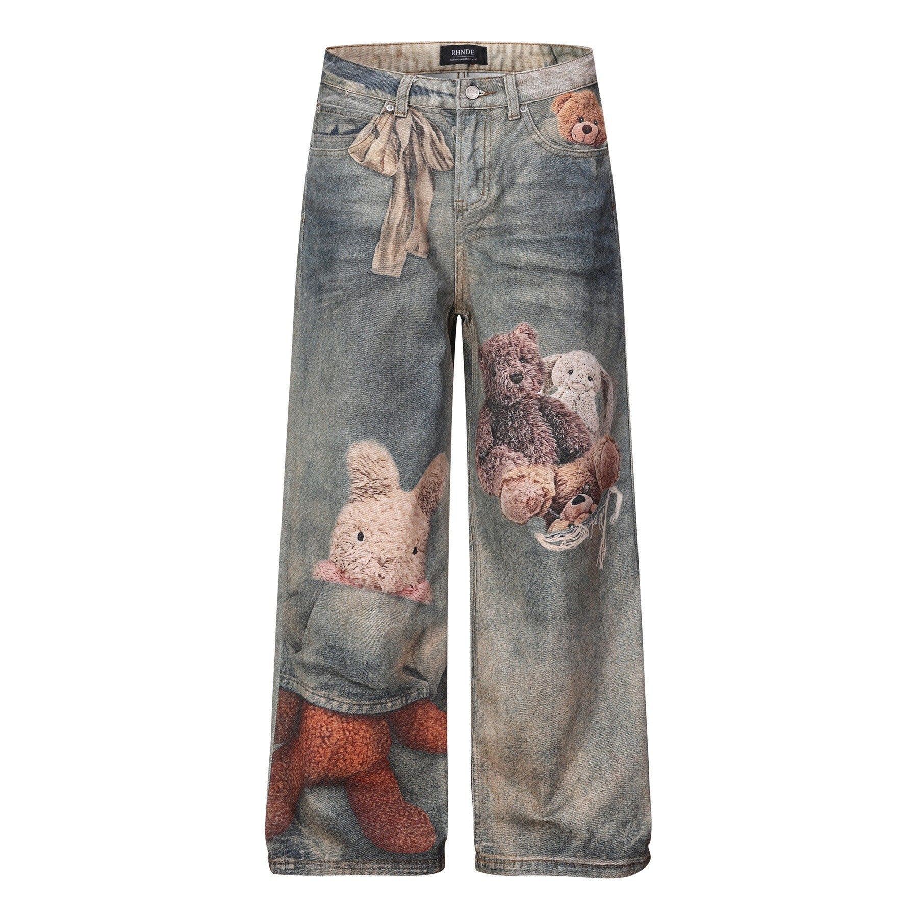Washed 3D Graphic Print Wide Leg Denim Jeans