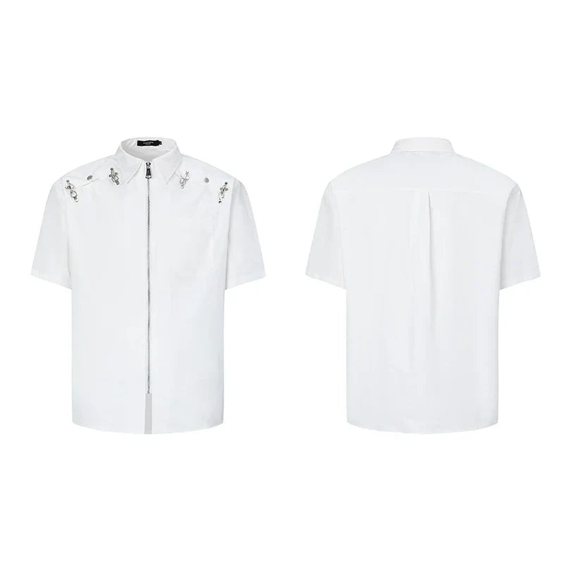 Metal Deconstruction Shoulder-Pad Zipper Short Sleeve Shirt