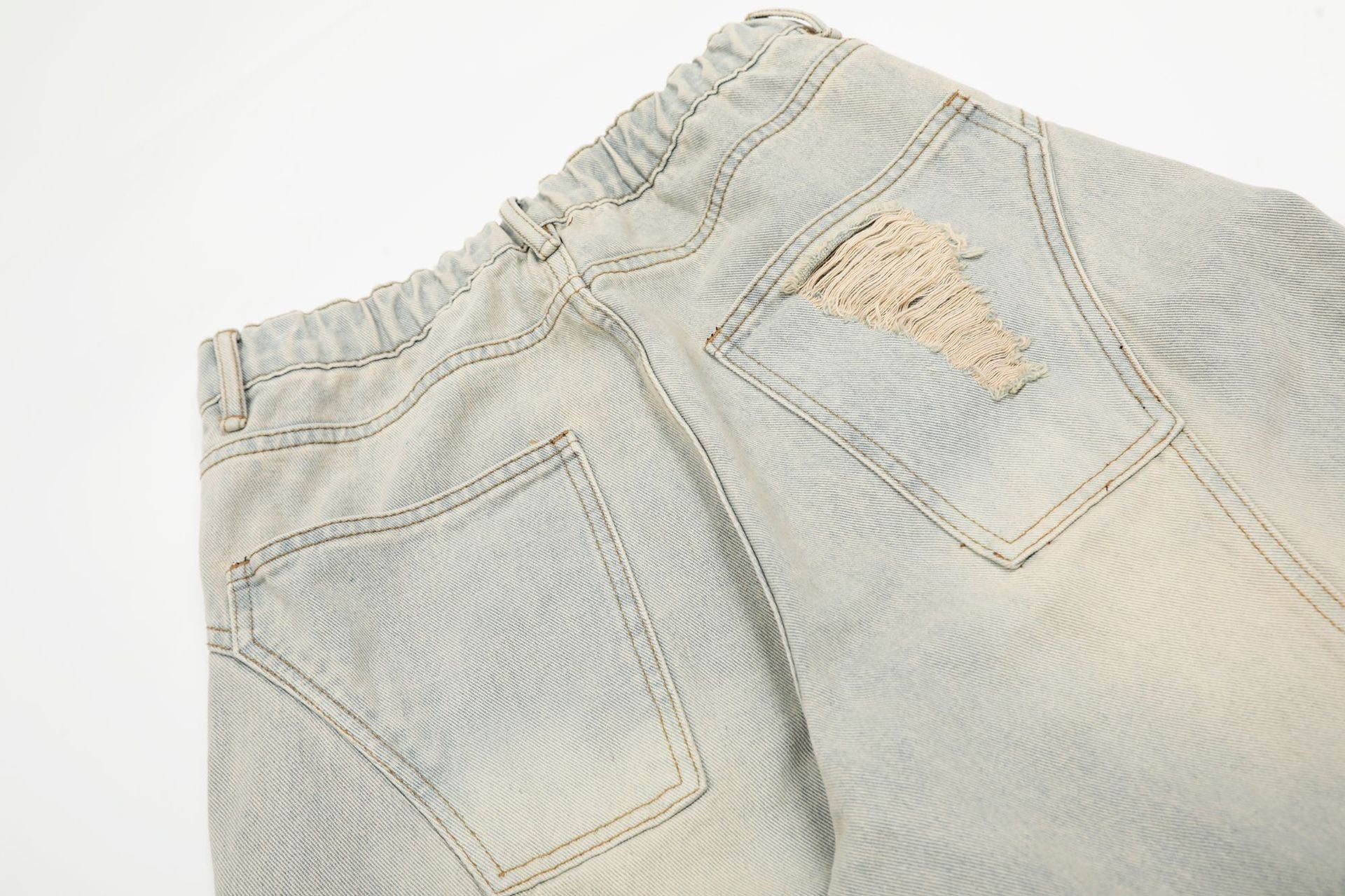 Washed Damage Curved Wide Leg Denim Jeans