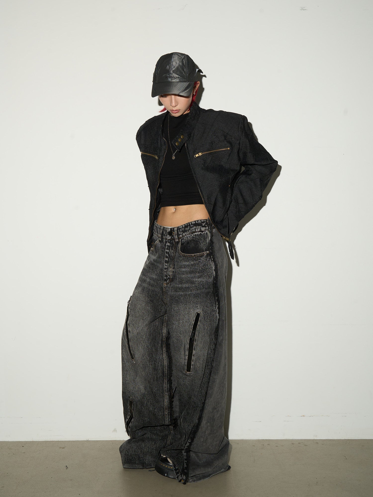 Washed Fray Zipper Detail Wide Leg Denim Jeans