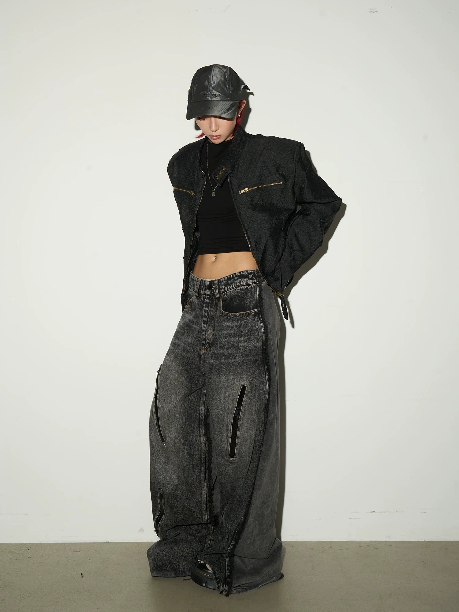 Washed Fray Zipper Detail Wide Leg Denim Jeans