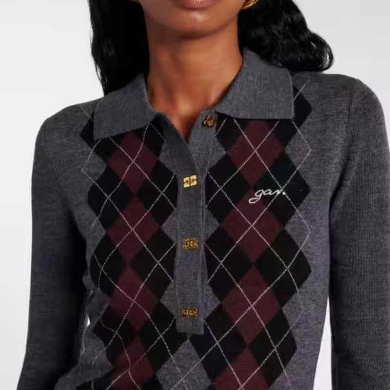 V-neck Knitted Rhombus Pattern Sweater