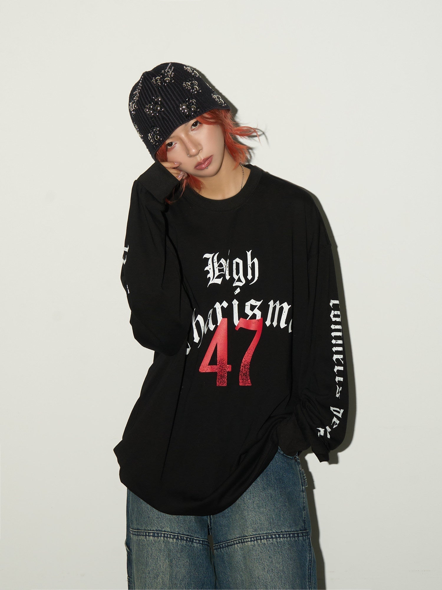 Gothic Print Damage Long Sleeve T-Shirt