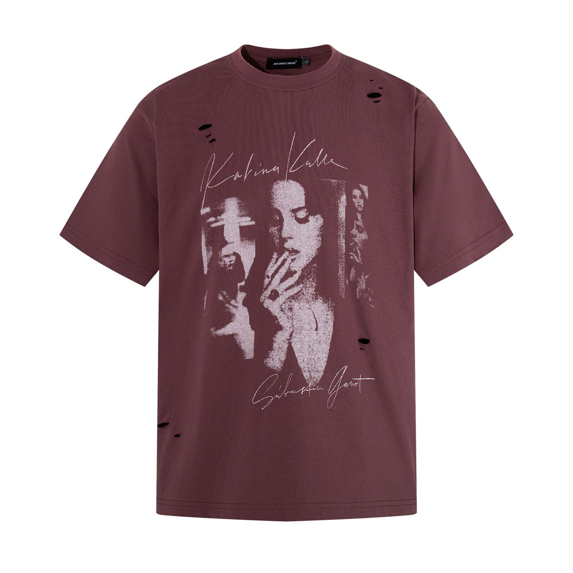 Damage Portrait Print Short Sleeve T-Shirt