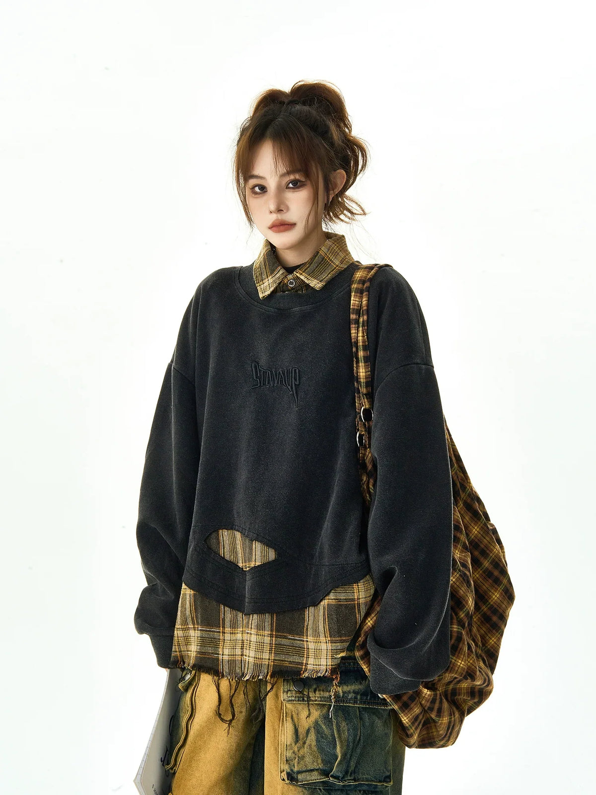 Plaid Stitching Fake Layered Sweatshirt
