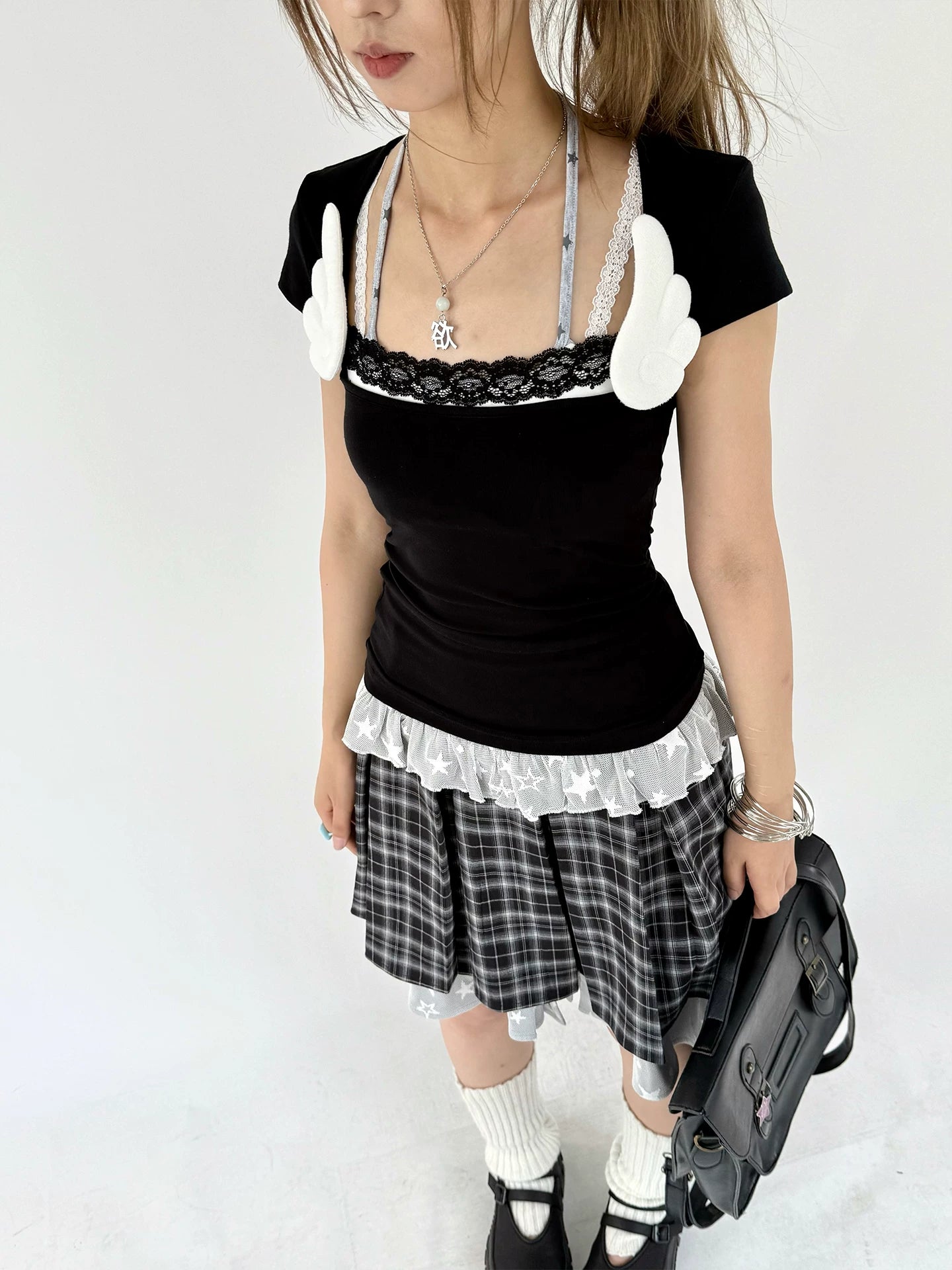Plaid Lace Layered Star A-Line Short Skirt