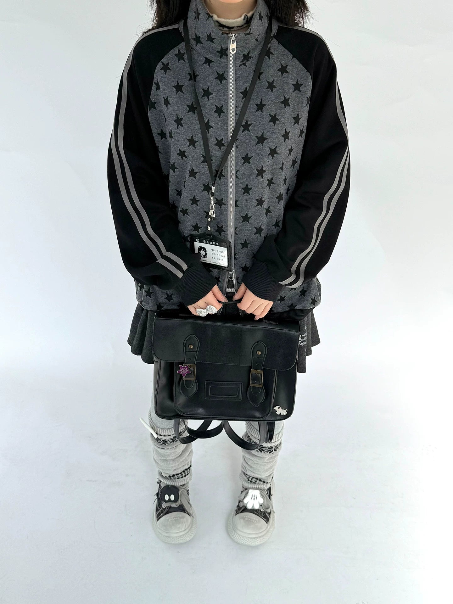 Star Print Double Zipper High-Neck Oversize Cardigan