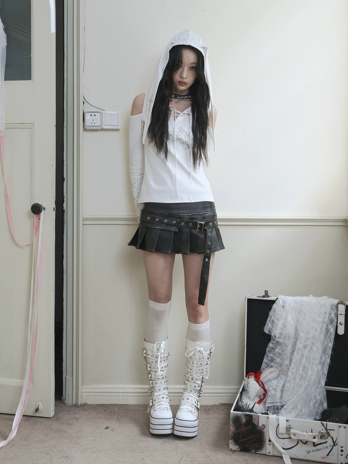 Washed Pleated PU Leather Short Skirt