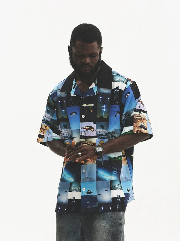 Camicia oversize a maniche corte con stampa grafica mista
