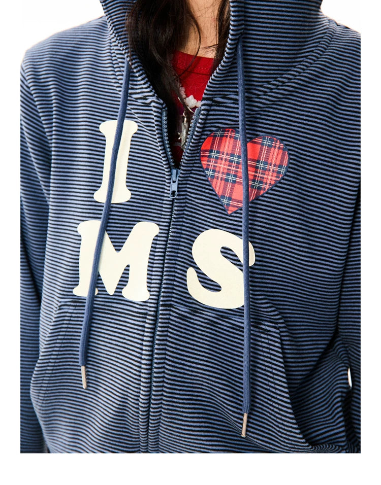 Heart Letter Print Stripe Cropped Zipper Hoodie