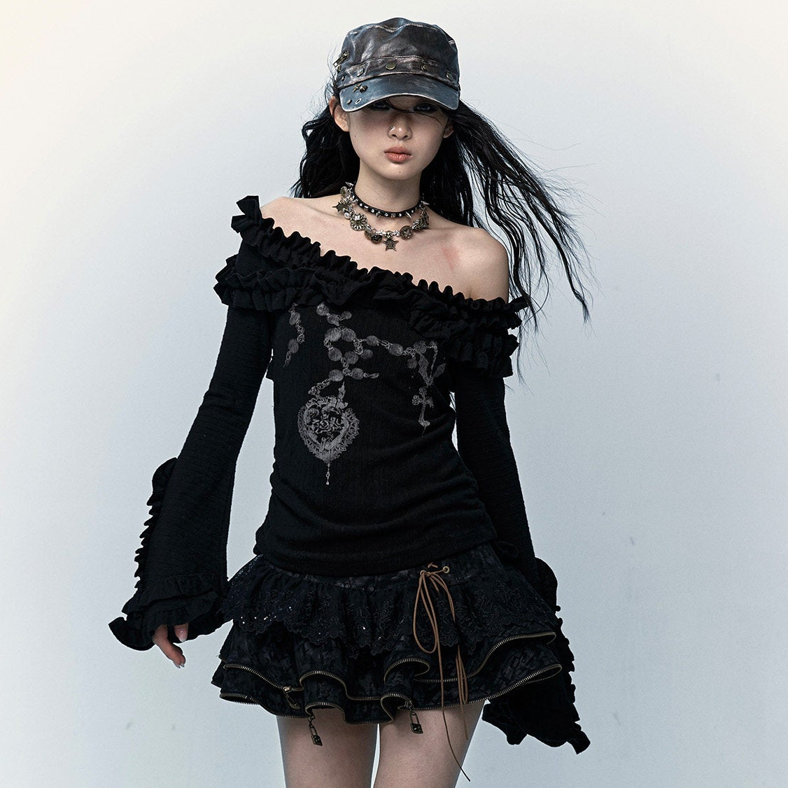 Ruffle Print Flare Sleeve Long Sleeve T-Shirt