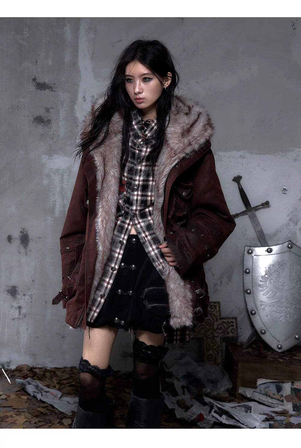 Fake Fur Hooded Multi-Pocket Buckle Detail Jacket