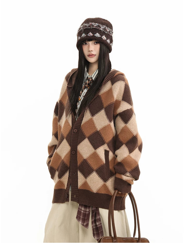 Heavyweight Diamond Pattern Oversize Hooded Knit Cardigan & Knit Sweater