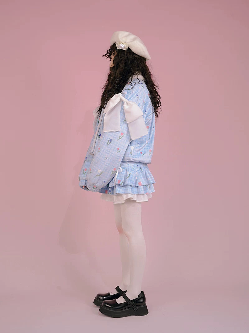 Flower Print Bow Fleece Lining Puffer Jacket