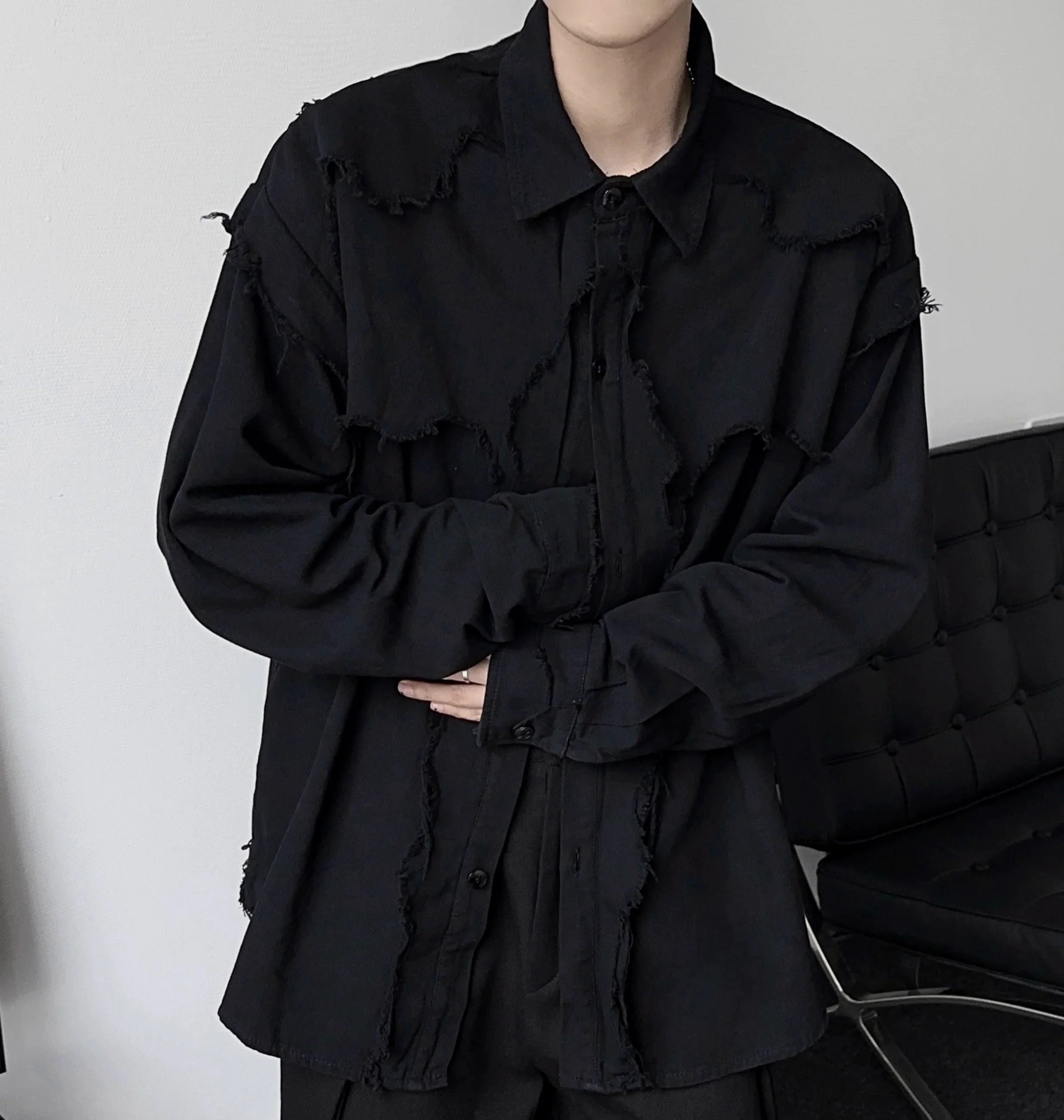 Washed Raw Hem Oversize Long Sleeve Shirt