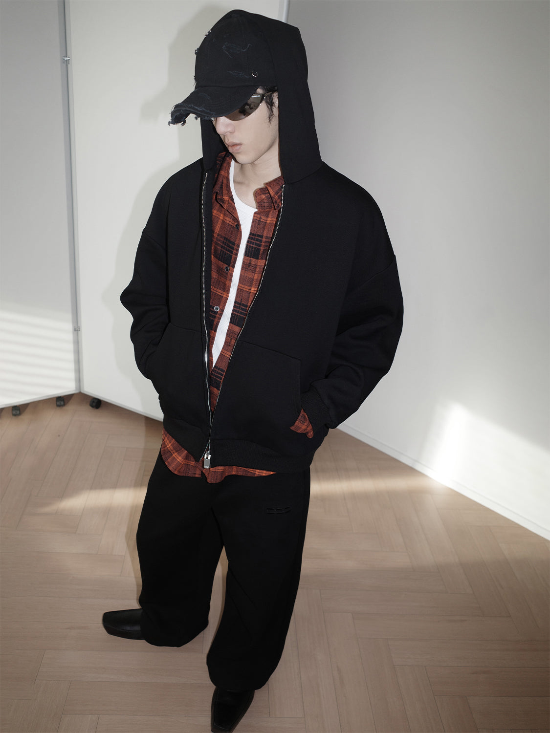 Detachable Fake Layered Plaid Shirt Zipper Hoodie