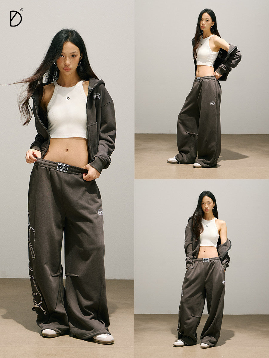 Letter Print Zipper Hoodie & Letter Print Wide Leg Sweatpants Setup