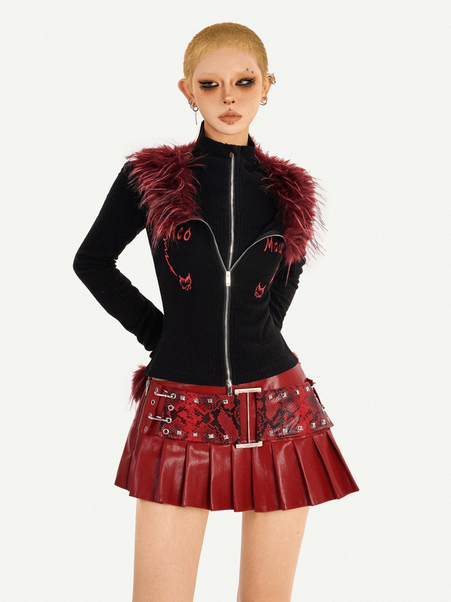 Fake Layered Double Zipper Flame Fake Fur Collar Knit Cardigan