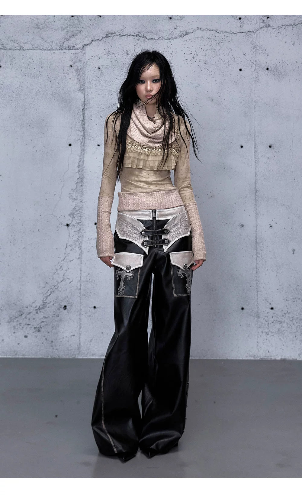 Lace Panel Buckle Detail Wide Leg PU Leather Pants