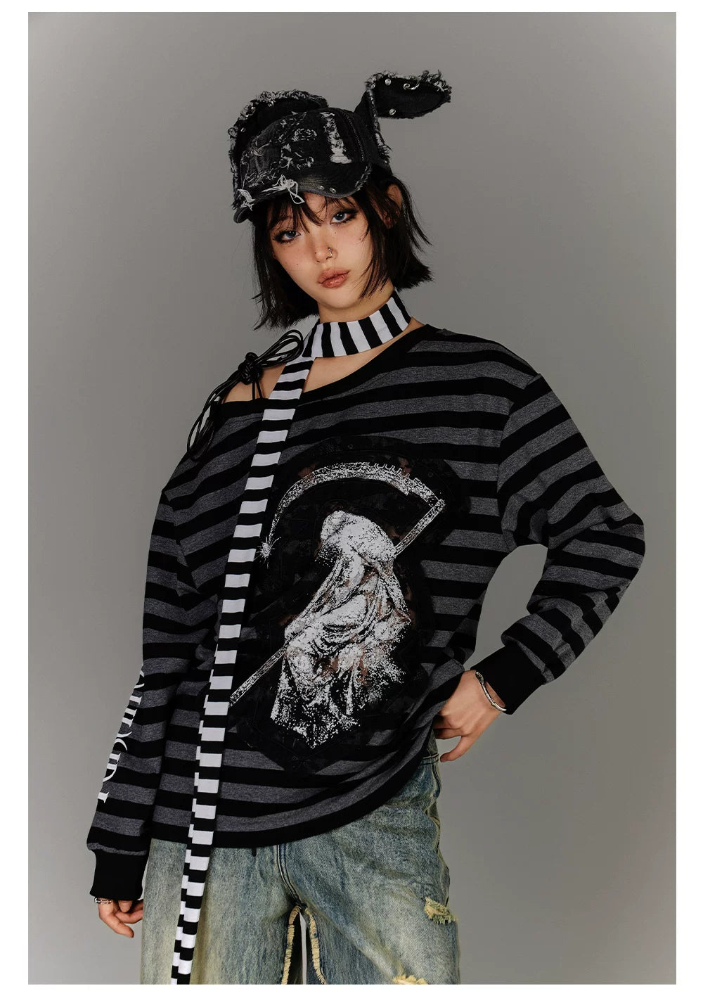 Off-Shoulder Drawstring Stripe Oversize Long Sleeve T-Shirt