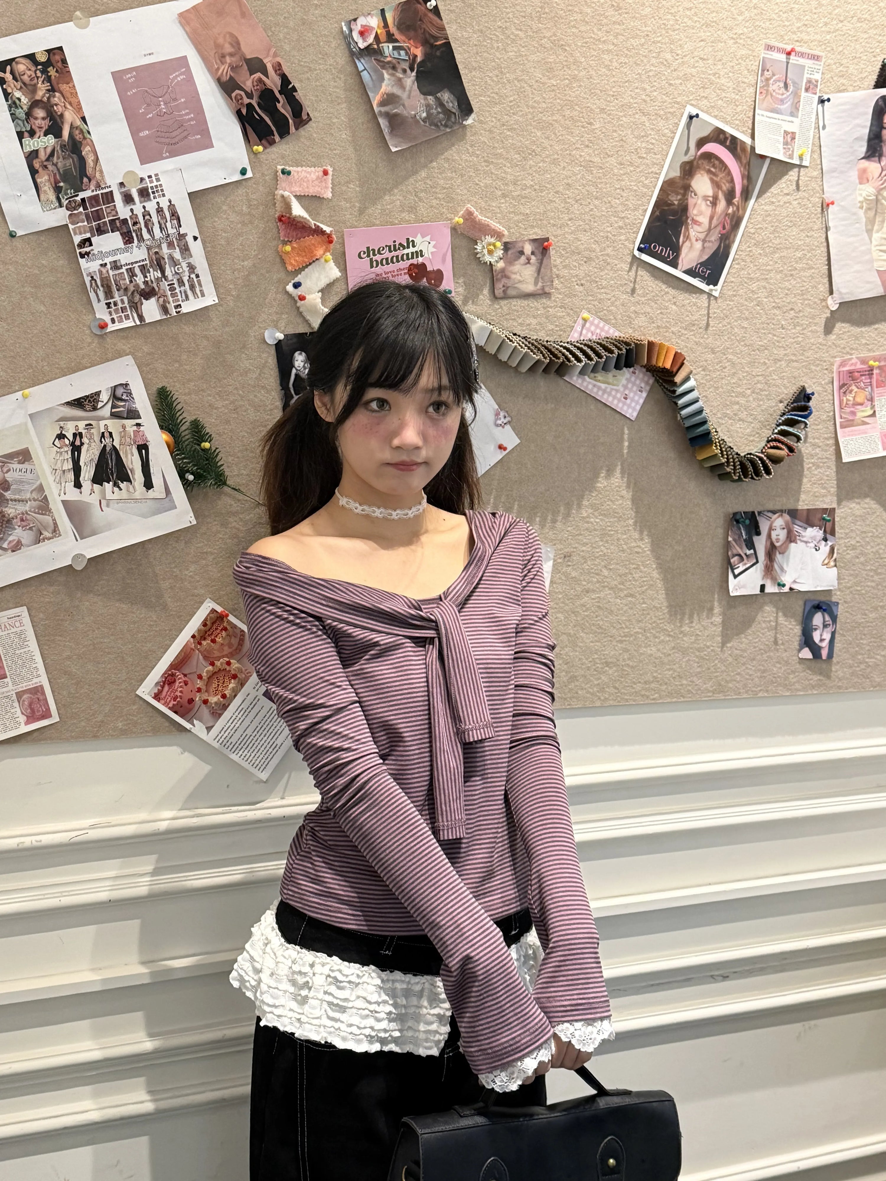 Striped Lace Trim Tie Detail Long Sleeve T-Shirt
