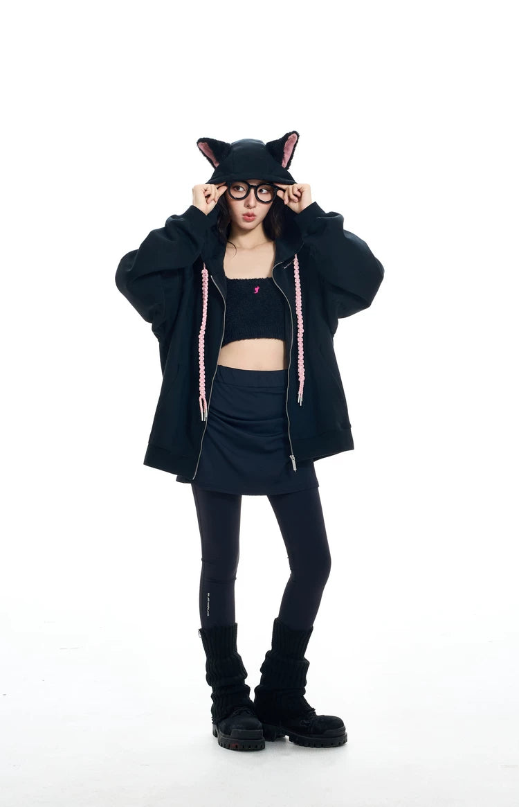 Ear Fleece Oversize Zipper Hoodie