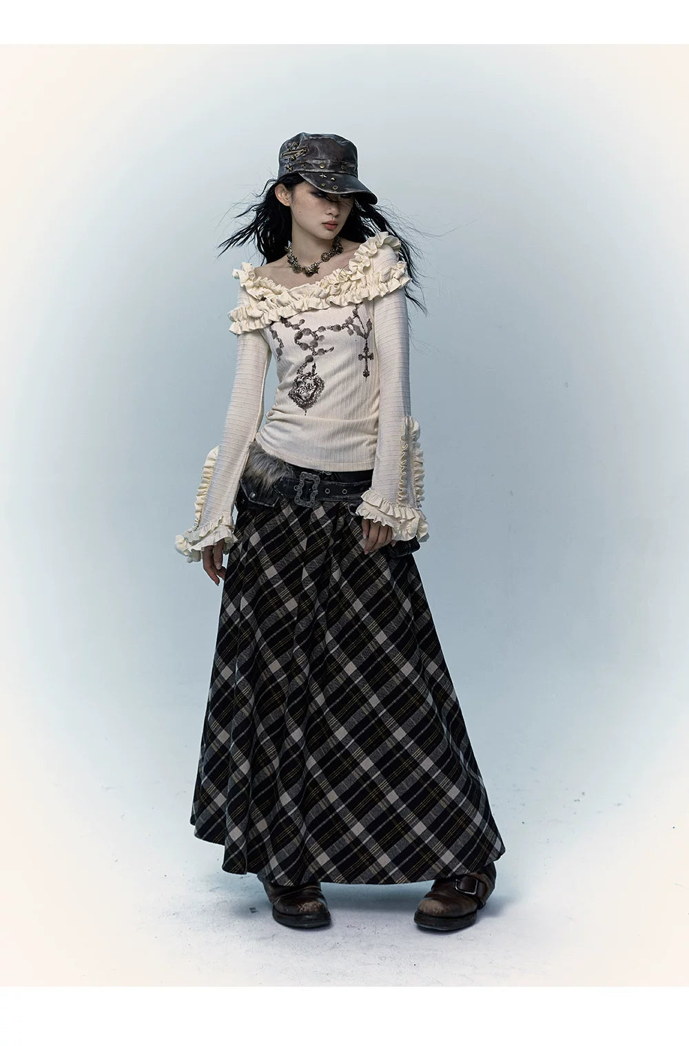 Ruffle Print Flare Sleeve Long Sleeve T-Shirt