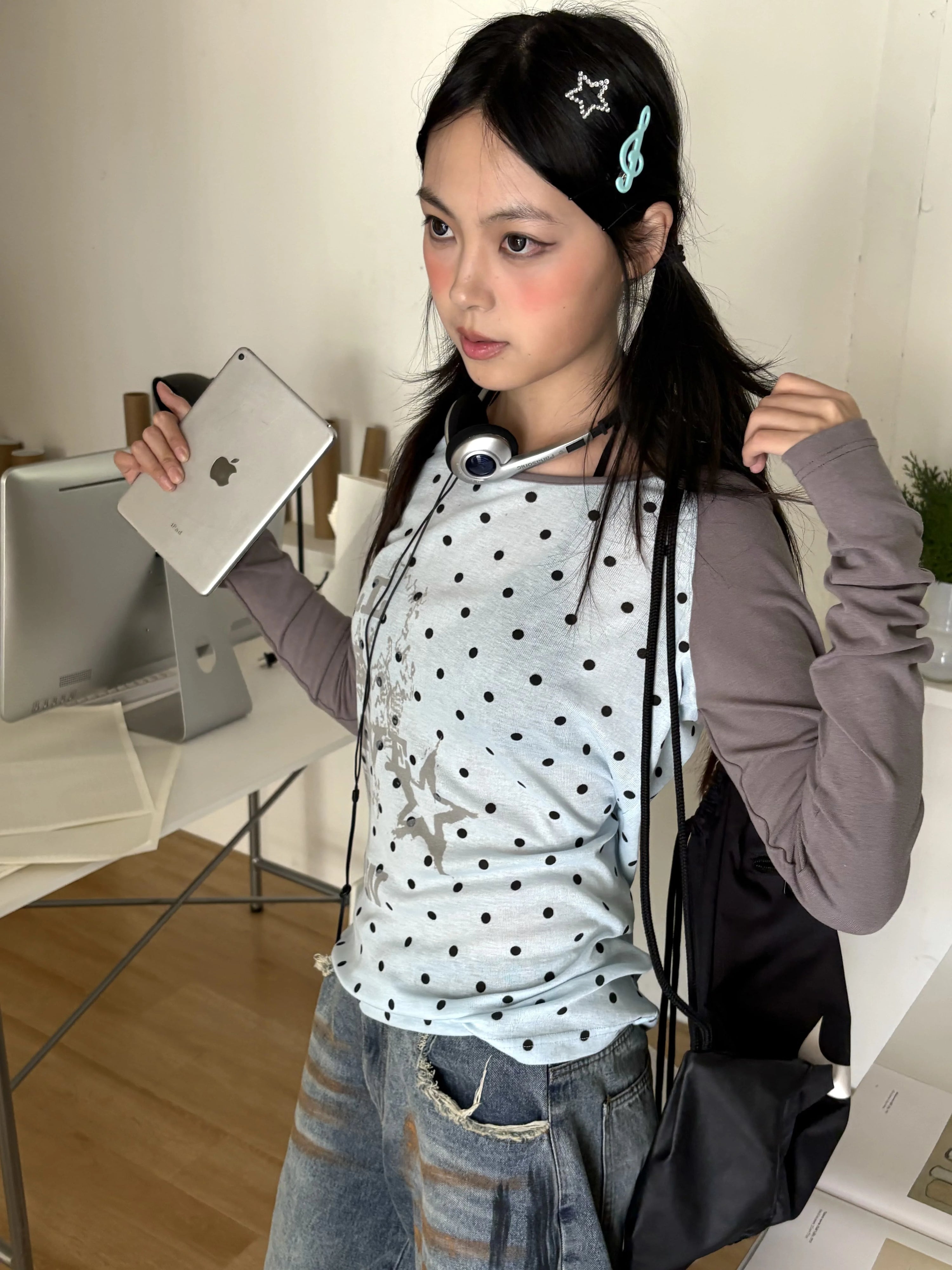 Polka Dot Letter Print Fake Layered Fitted Long Sleeve T-Shirt