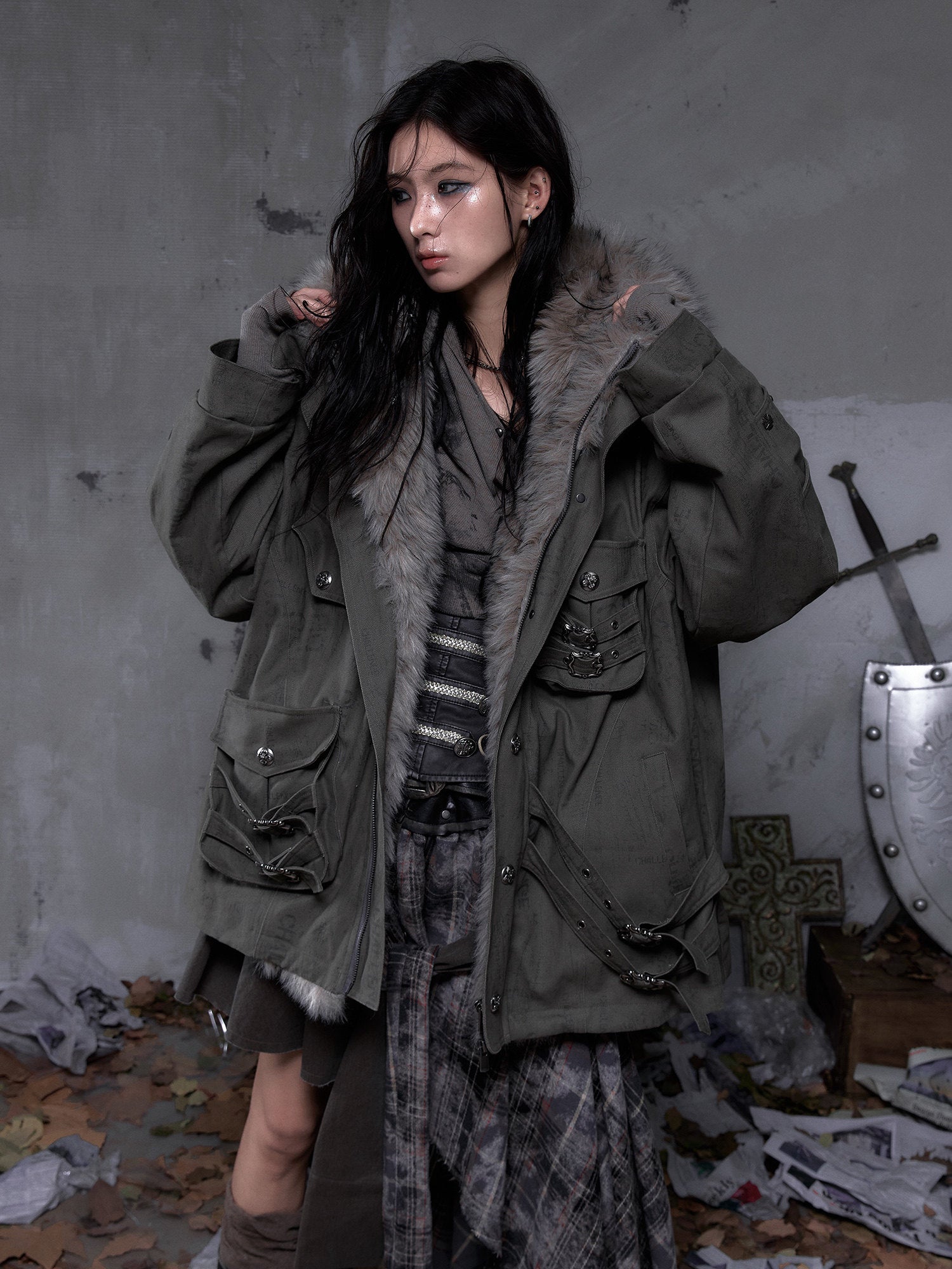 Fake Fur Hooded Multi-Pocket Buckle Detail Jacket
