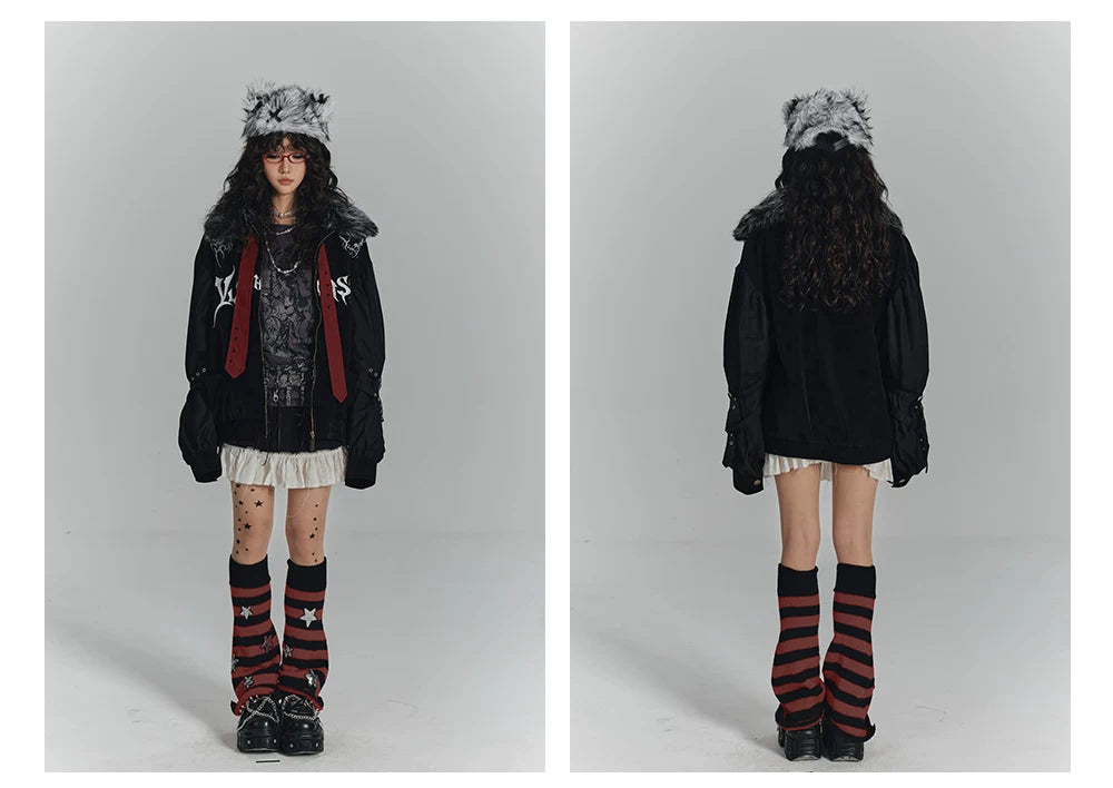 Embroidery Fur Collar Oversize Zipper Jacket