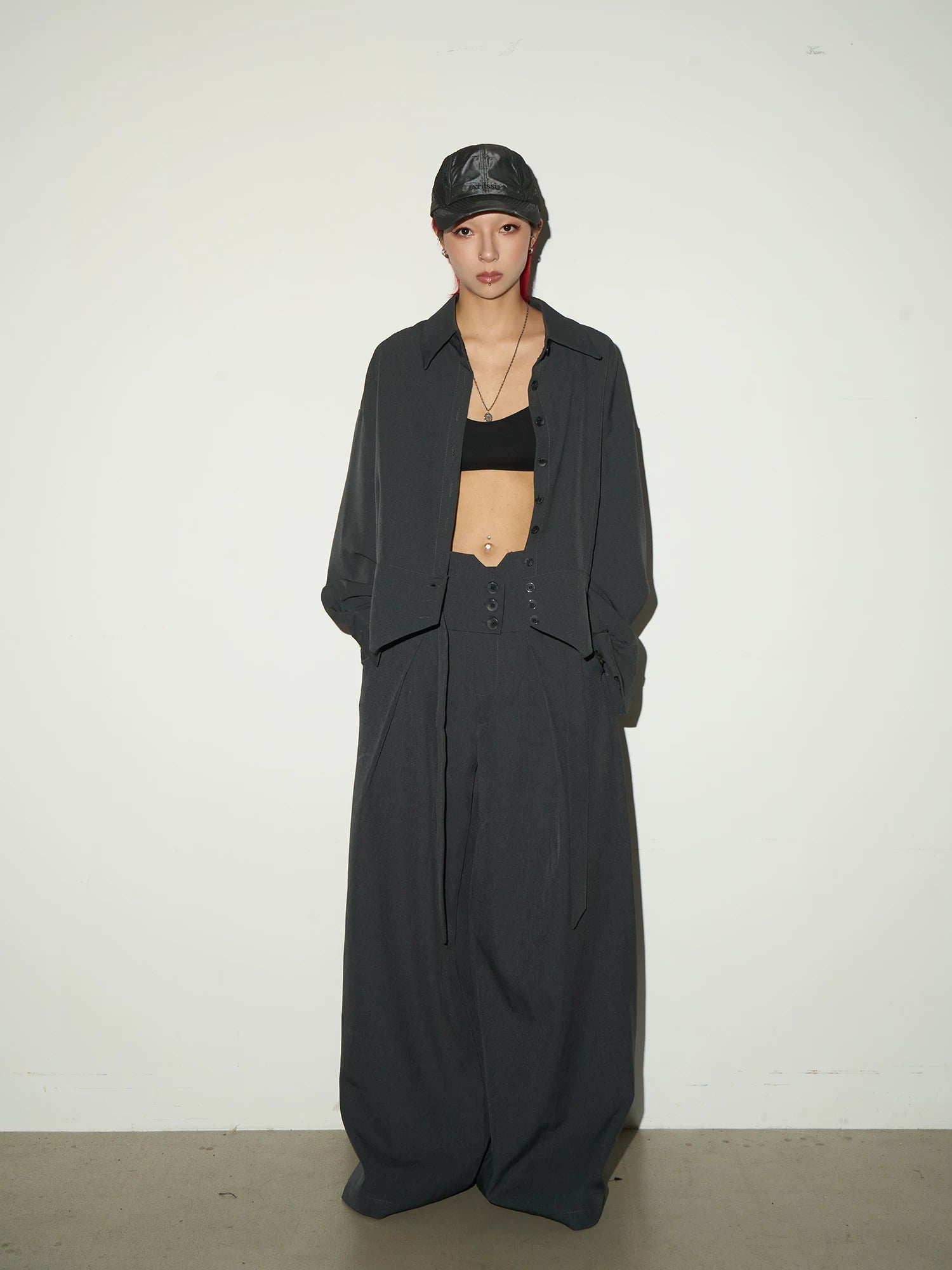 Button Front Long Sleeve Shirt & Pleats Wide Leg Trousers Setup