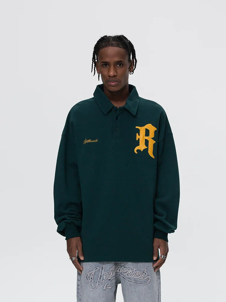 Patch Embroidery Design Long Sleeve Polo Shirt