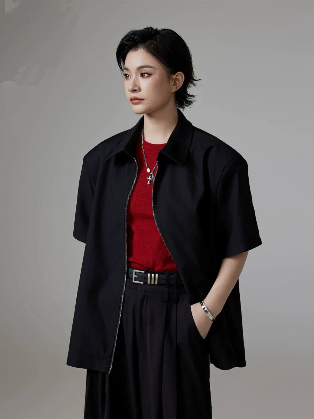 Oversize Stand Neck Zipper Short Sleeve Shirt