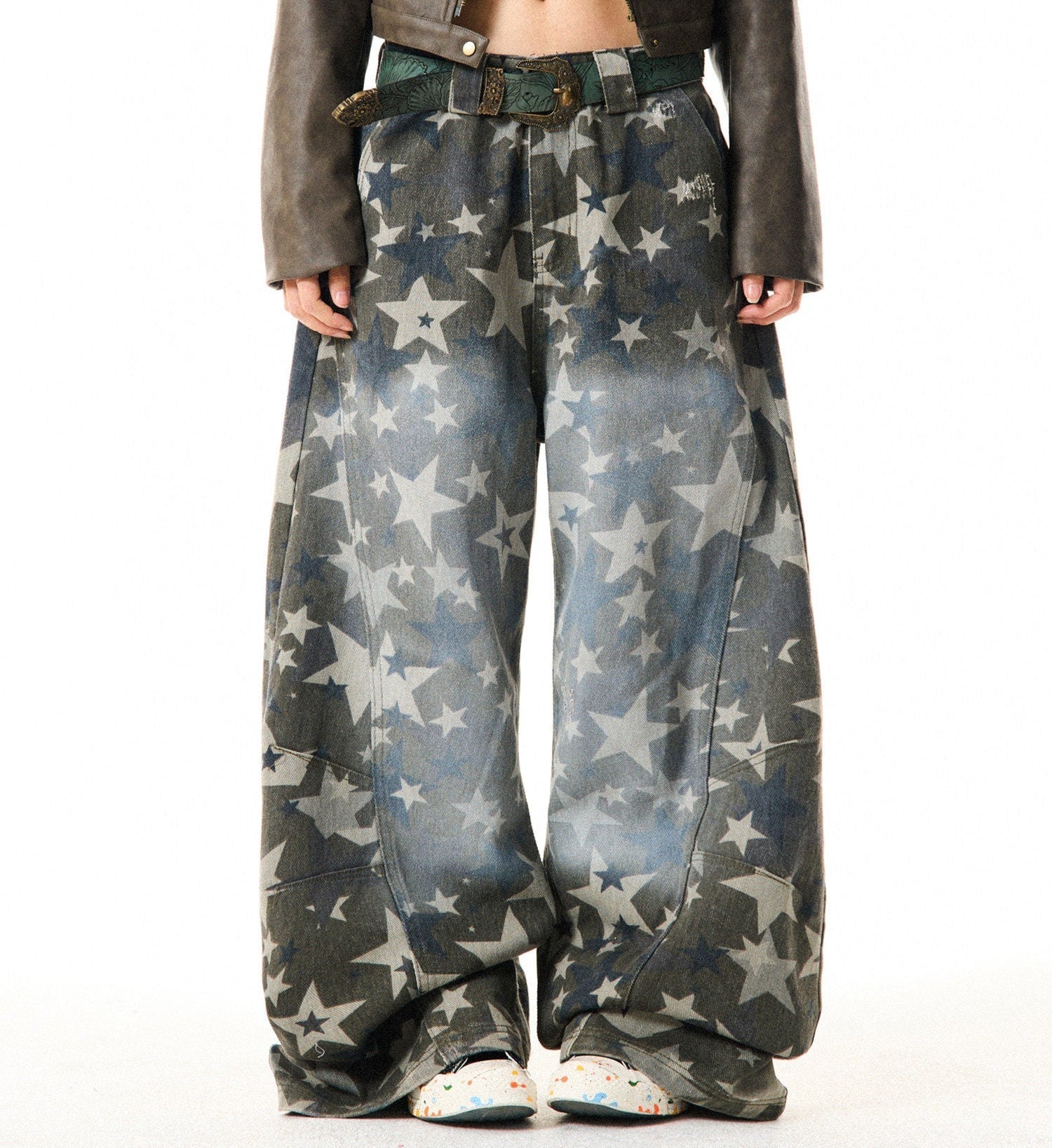 Star Print Damage Wide Leg Denim Jeans
