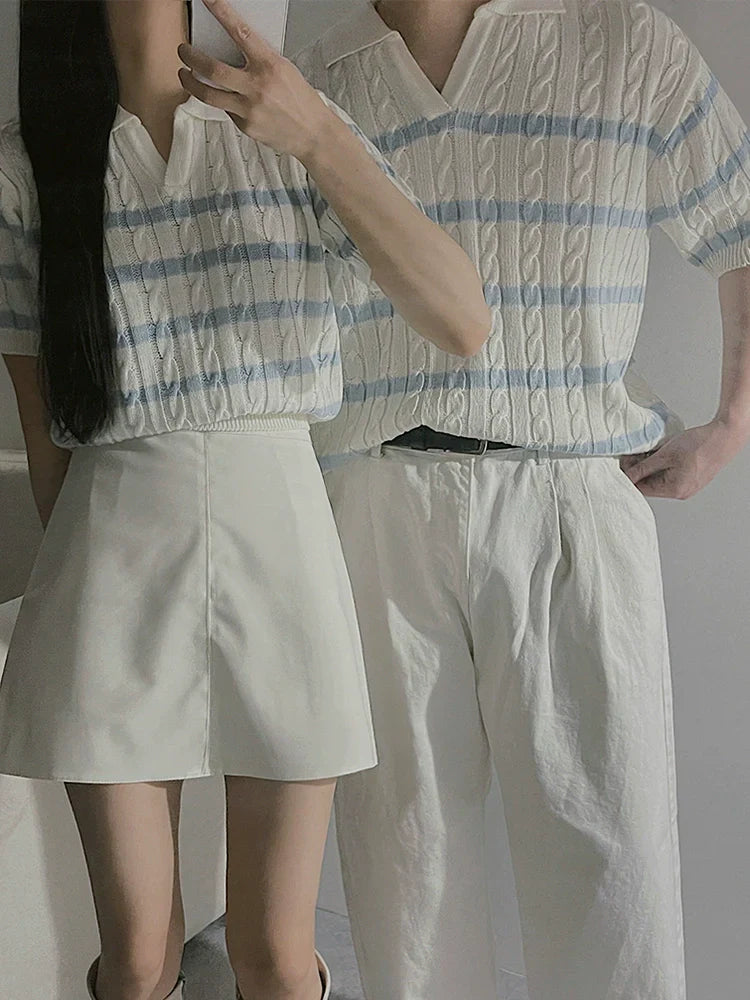 Cable Striped Collar Short Sleeve Knit Polo Shirt