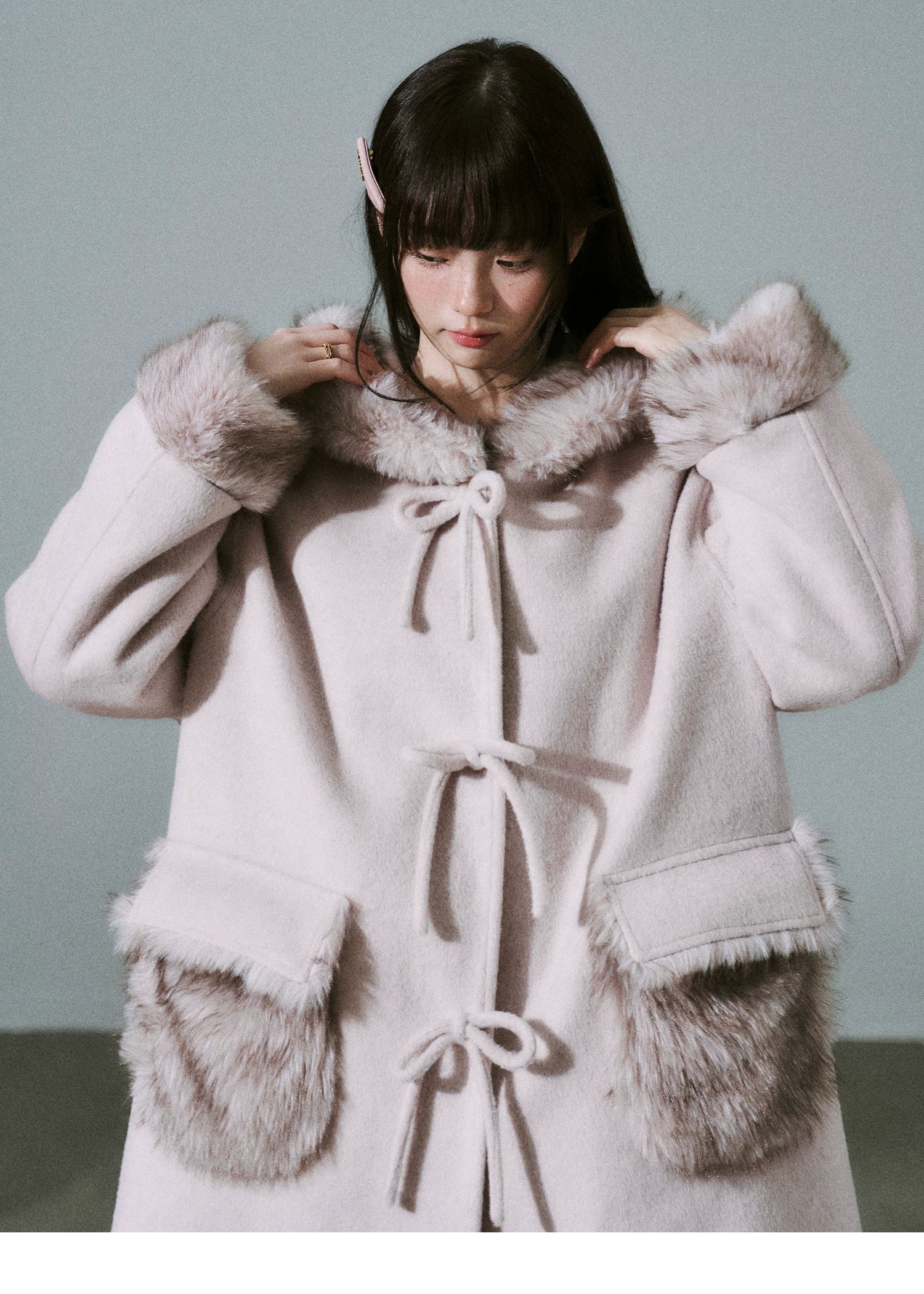 Bow Detail Fake Fur Trim Coat