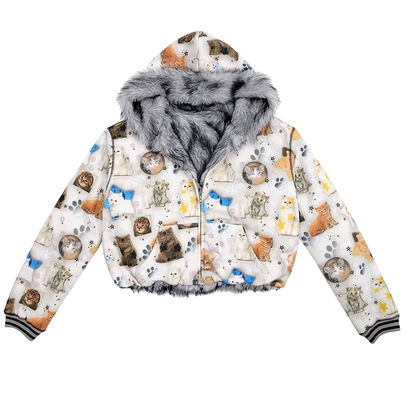 Cat Print Reversible Fur Zipper Jacket
