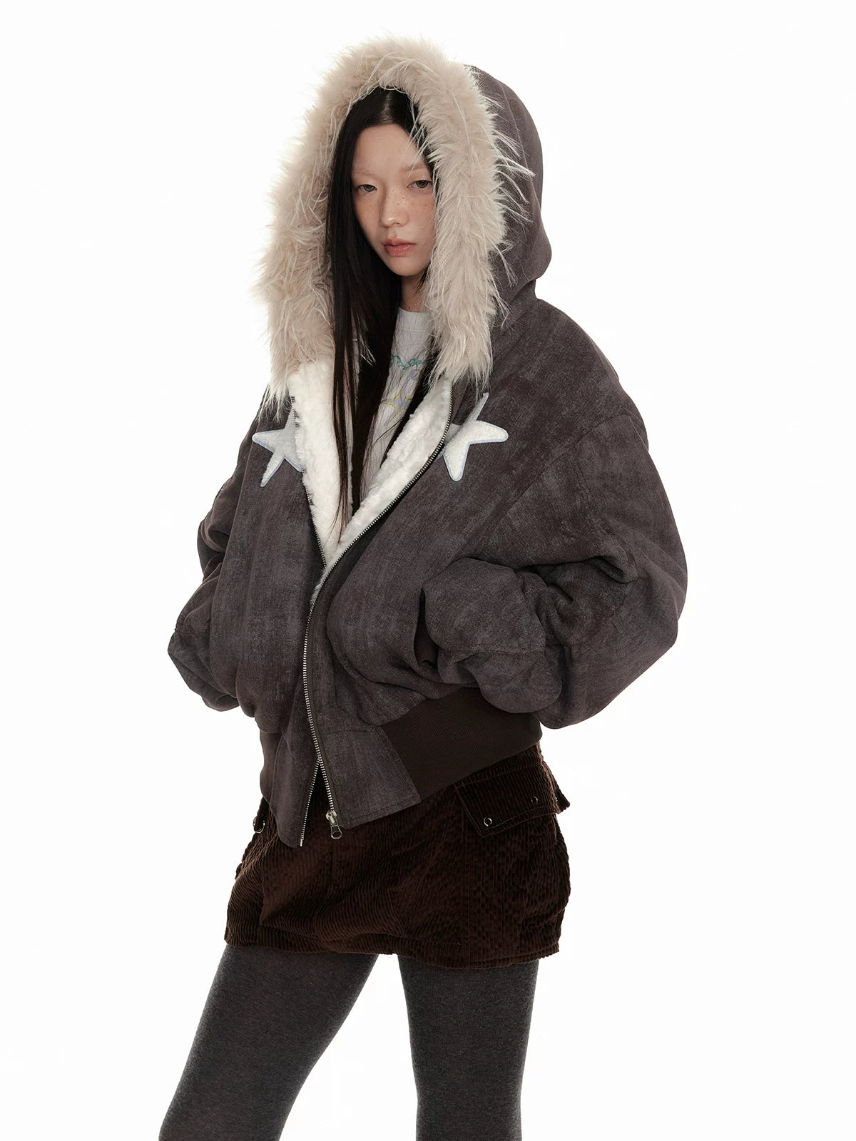Fur Trim Patchwork Hooded Puffer Jacket