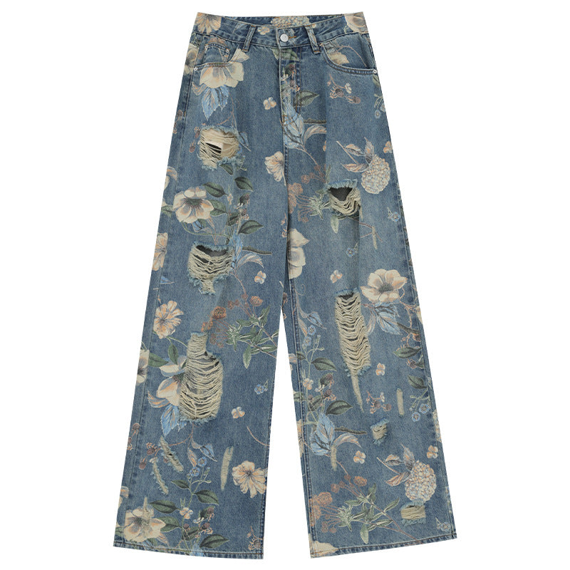 Vintage Print Ripped Wide-Leg Jeans