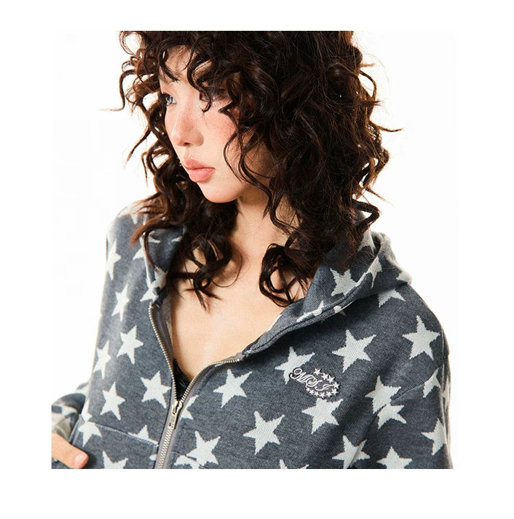 Star Print Cropped Zip-Up Hoodie