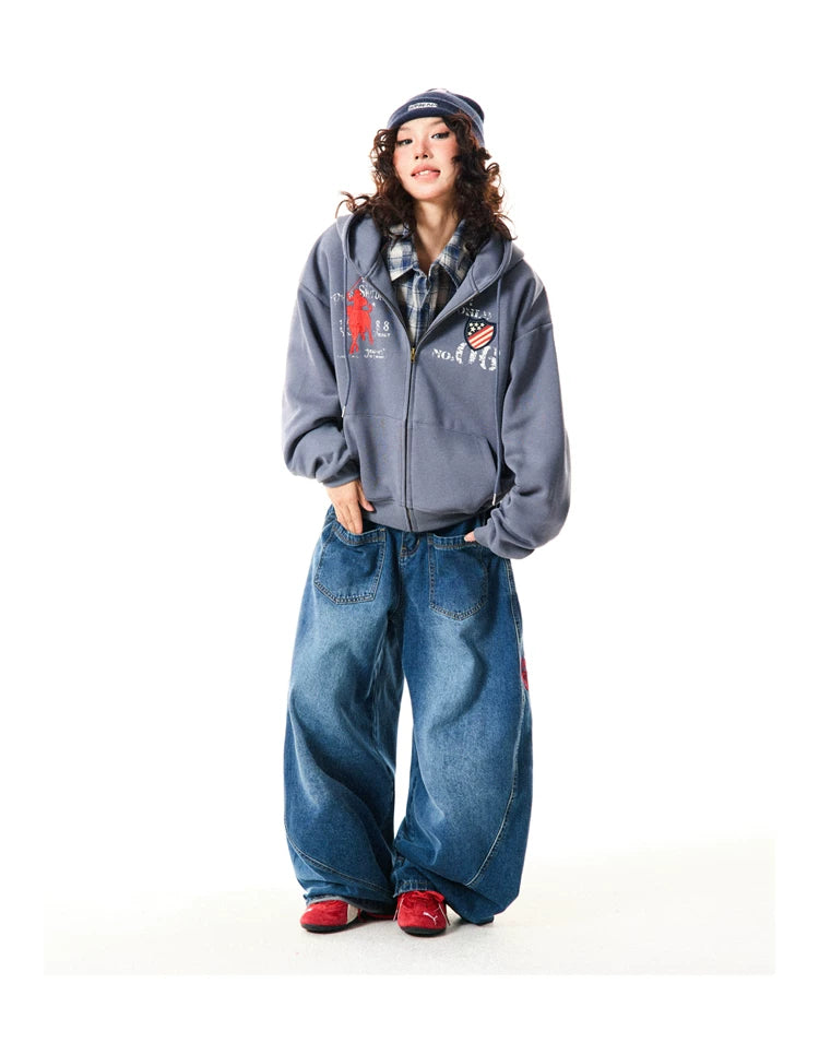 Letter Embroidery Washed Zipper Hoodie