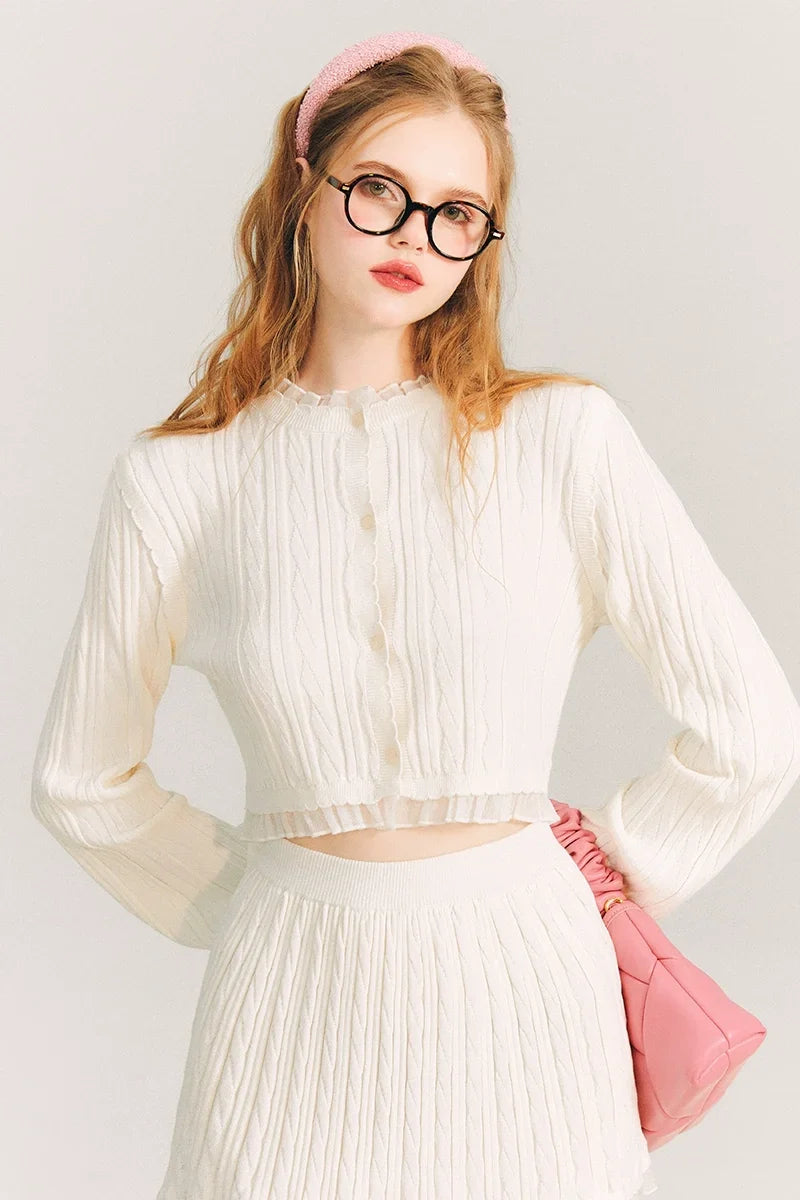 Tulip Button Knit Cardigan & Knit Short Skirt Setup