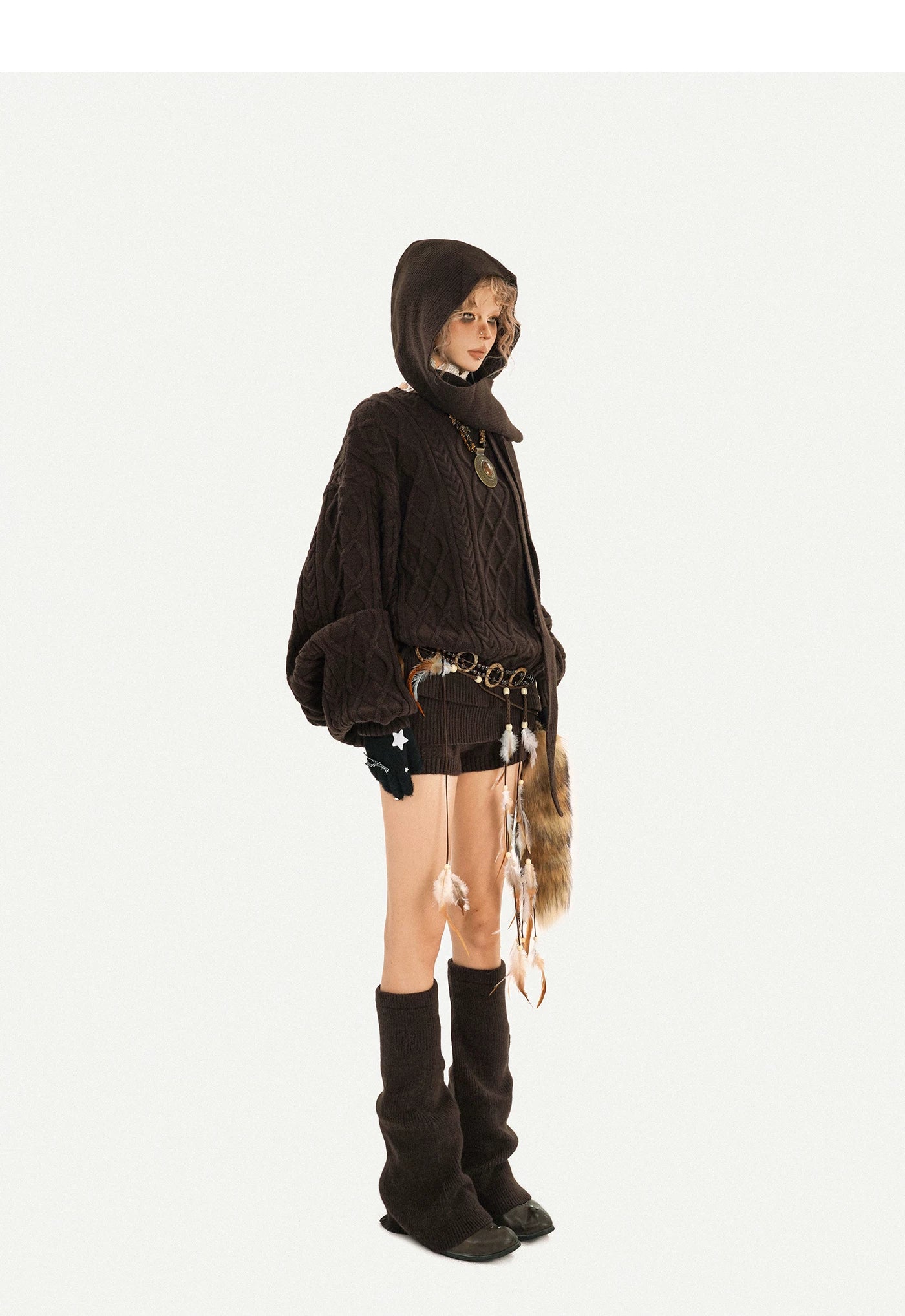 Oversize Knit Sweater & Low Waist Knit Short Pants & Shawl & Leg Warmers Setup