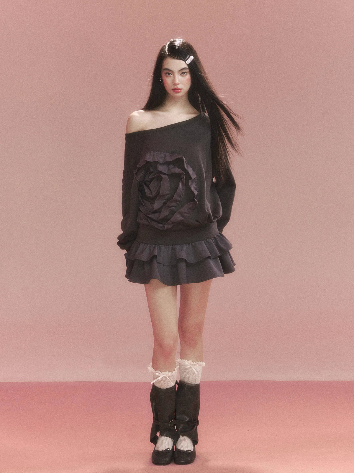 Flower Ruffle Sweatshirt Mix Dress