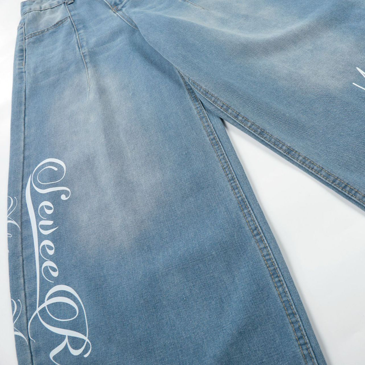 Washed Letter Print Wide Leg Denim Jeans