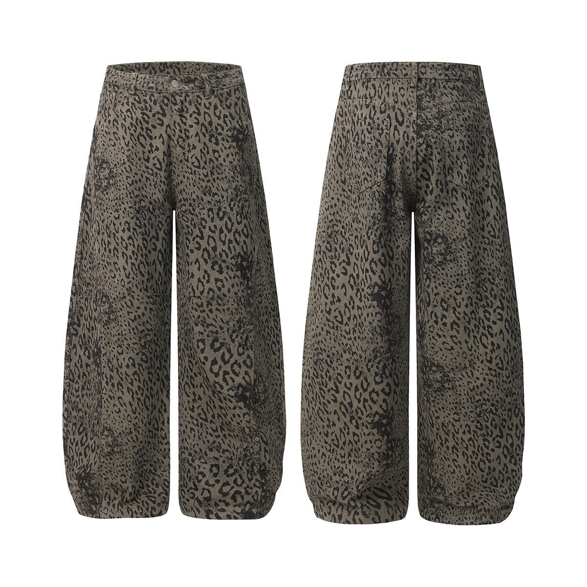 Leopard Print Curved Straight Wide Leg Denim Jeans